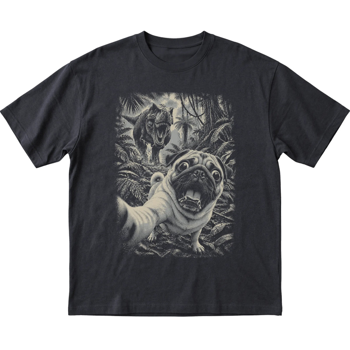 T-Rex Selfie Pug Gildan Softstyle T-Shirt in Black, flat lay