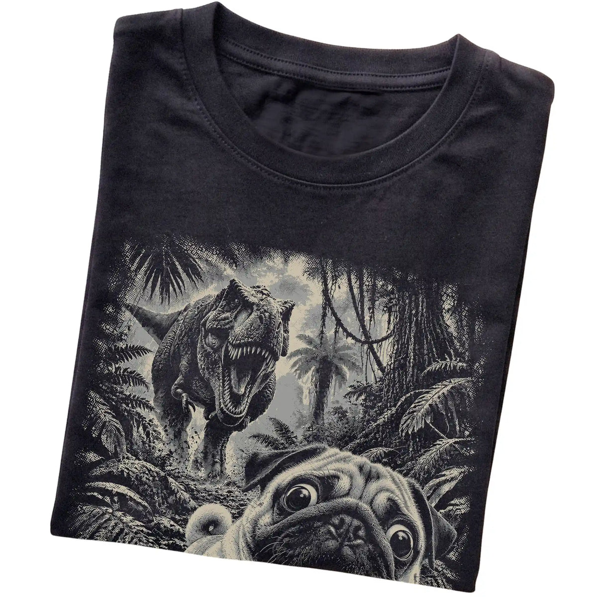 T-Rex Selfie Pug Gildan Softstyle T-Shirt in Black, folded detail