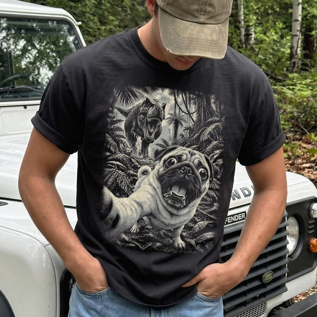 T-Rex Selfie Pug Comfort Colors 1717 T-Shirt in Black, studio lifestyle