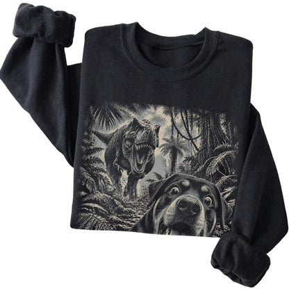 T-Rex Selfie Rottweiler Gildan Heavy Blend Crewneck Sweatshirt in Black, folded detail