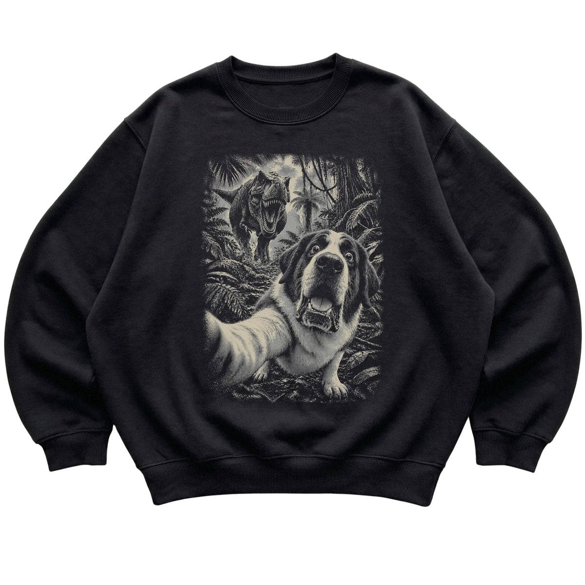 T-Rex Selfie Saint Bernard Gildan Heavy Blend Crewneck Sweatshirt in Black, flat lay