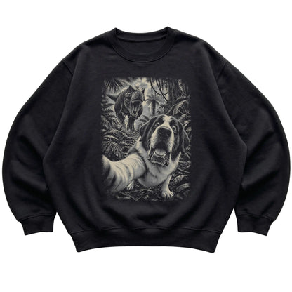 T-Rex Selfie Saint Bernard Gildan Heavy Blend Crewneck Sweatshirt in Black, flat lay