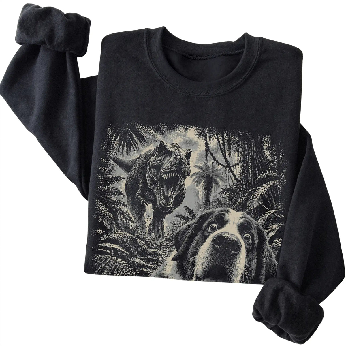 T-Rex Selfie Saint Bernard Gildan Heavy Blend Crewneck Sweatshirt in Black, folded detail