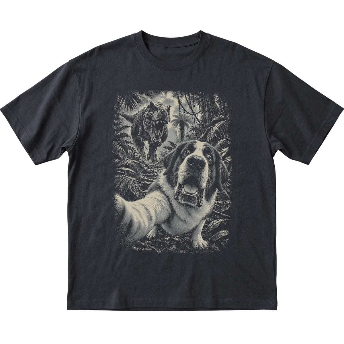 T-Rex Selfie Saint Bernard Gildan Softstyle T-Shirt in Black, flat lay