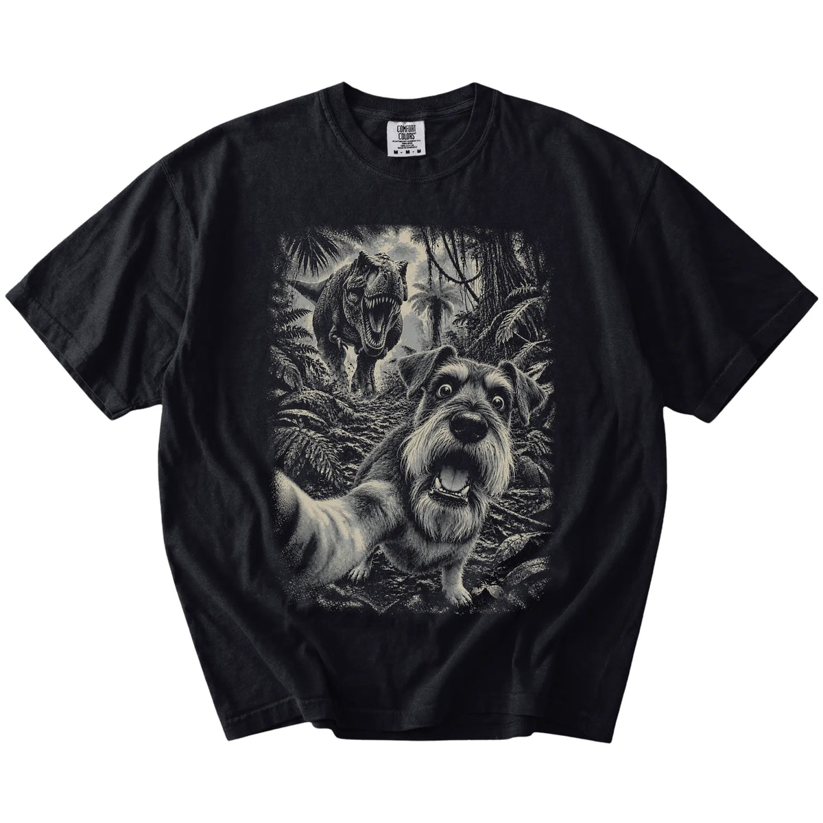 T-Rex Selfie Schnauzer Comfort Colors 1717 T-Shirt in Black, flat lay