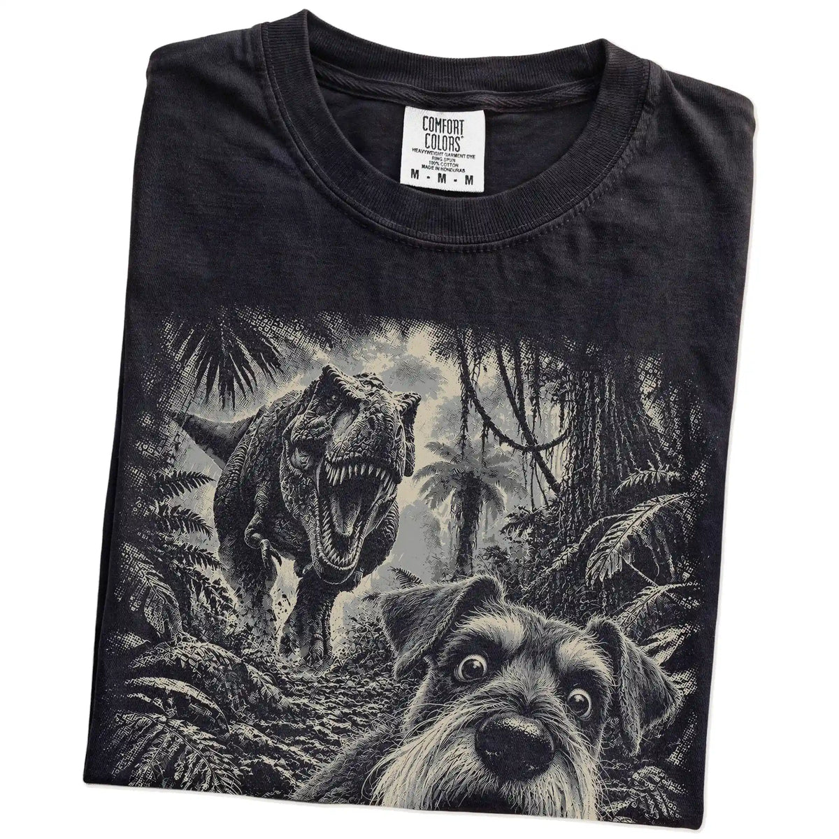 T-Rex Selfie Schnauzer Comfort Colors 1717 T-Shirt in Black, folded detail