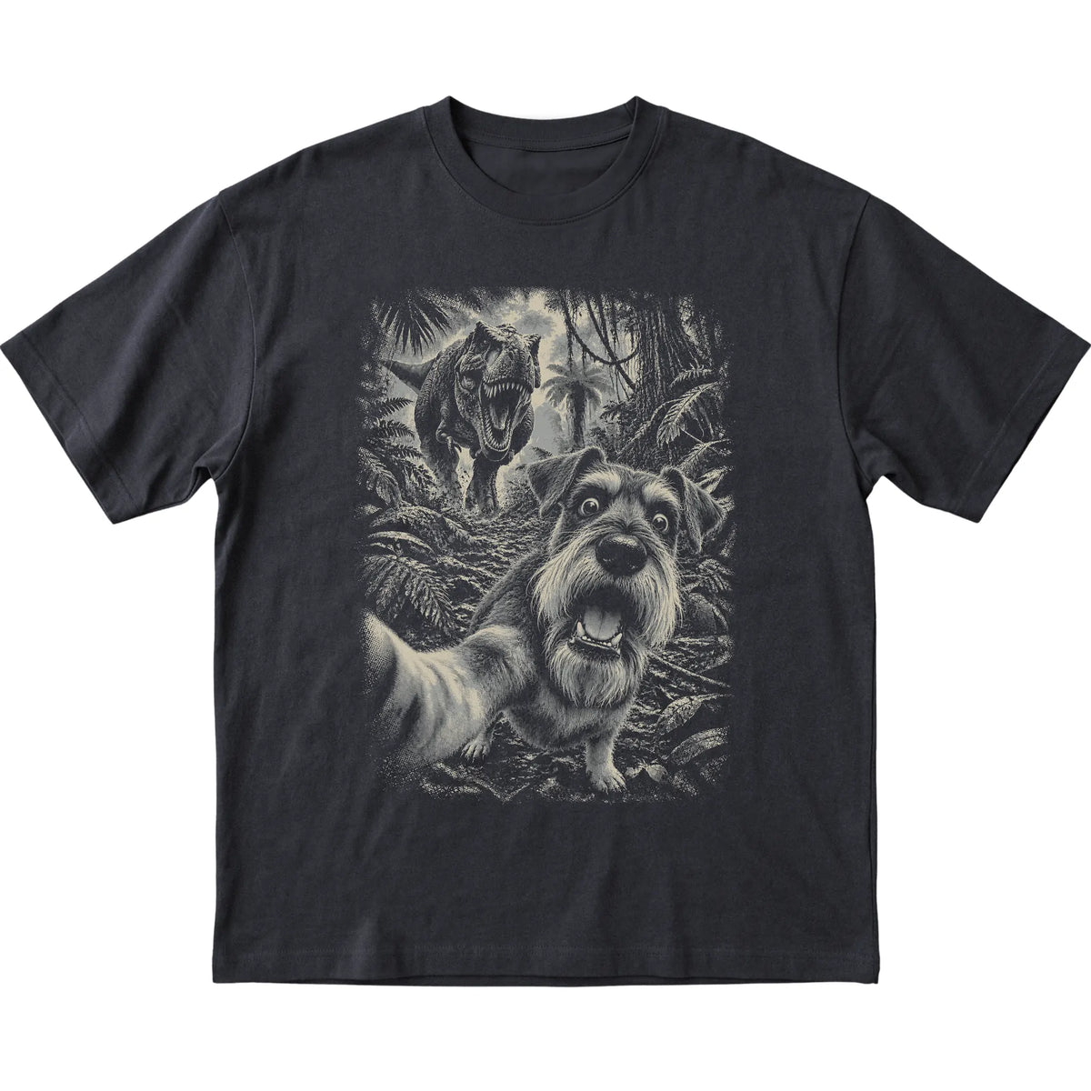 T-Rex Selfie Schnauzer Gildan Softstyle T-Shirt in Black, flat lay