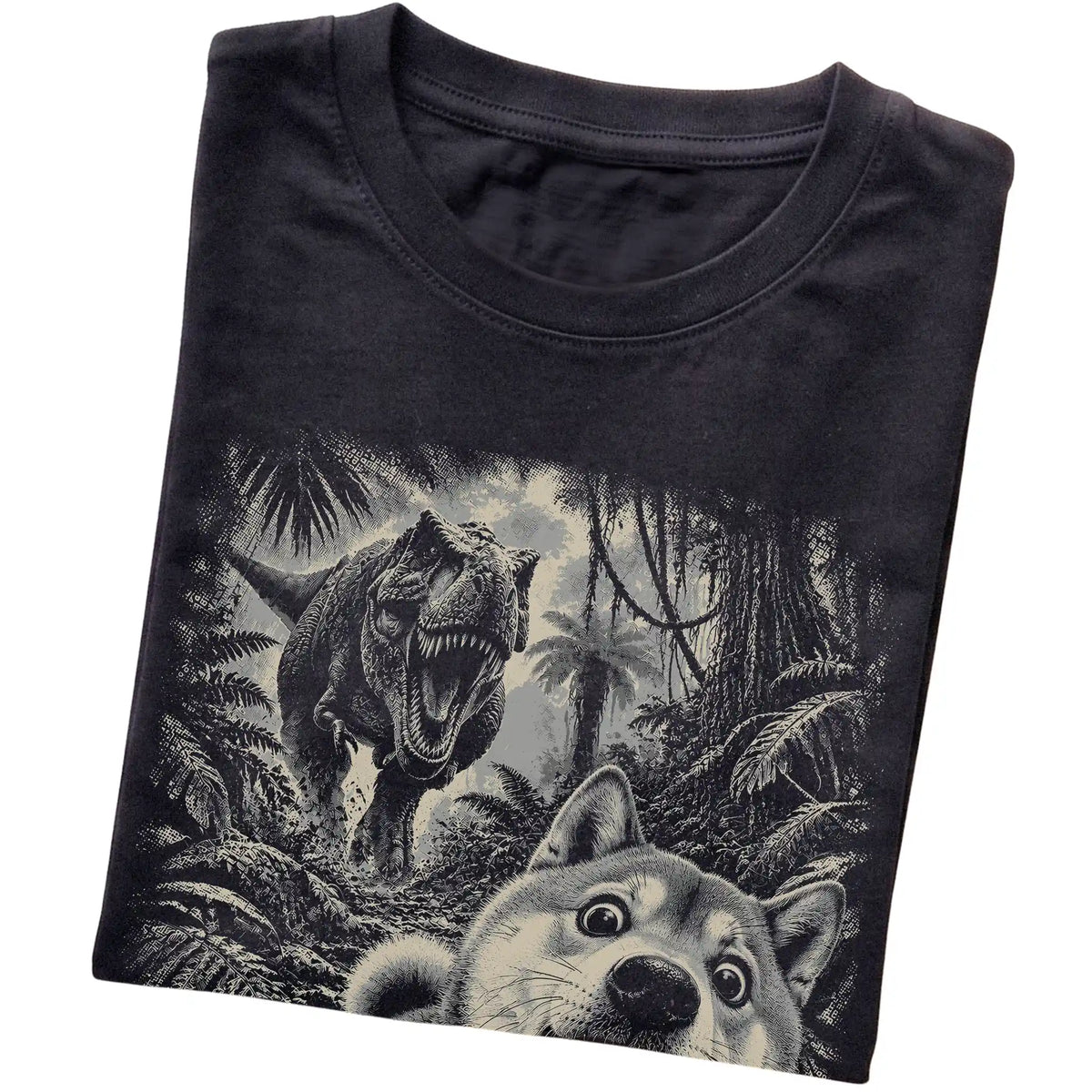 T-Rex Selfie Shiba Inu Gildan Softstyle T-Shirt in Black, folded detail