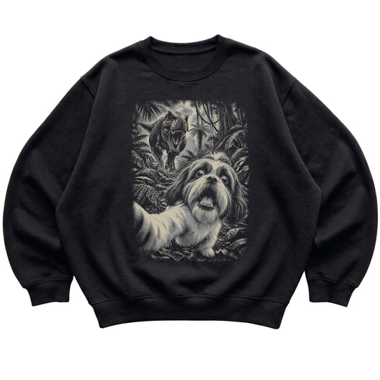 T-Rex Selfie Shih Tzu Gildan Heavy Blend Crewneck Sweatshirt in Black, flat lay