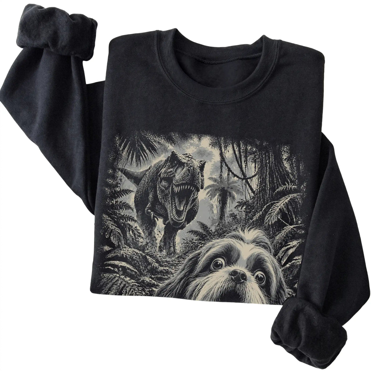 T-Rex Selfie Shih Tzu Gildan Heavy Blend Crewneck Sweatshirt in Black, folded detail