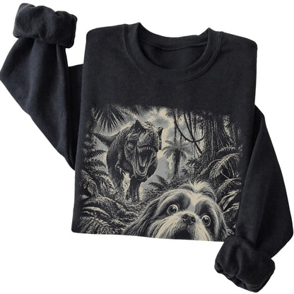T-Rex Selfie Shih Tzu Gildan Heavy Blend Crewneck Sweatshirt in Black, folded detail