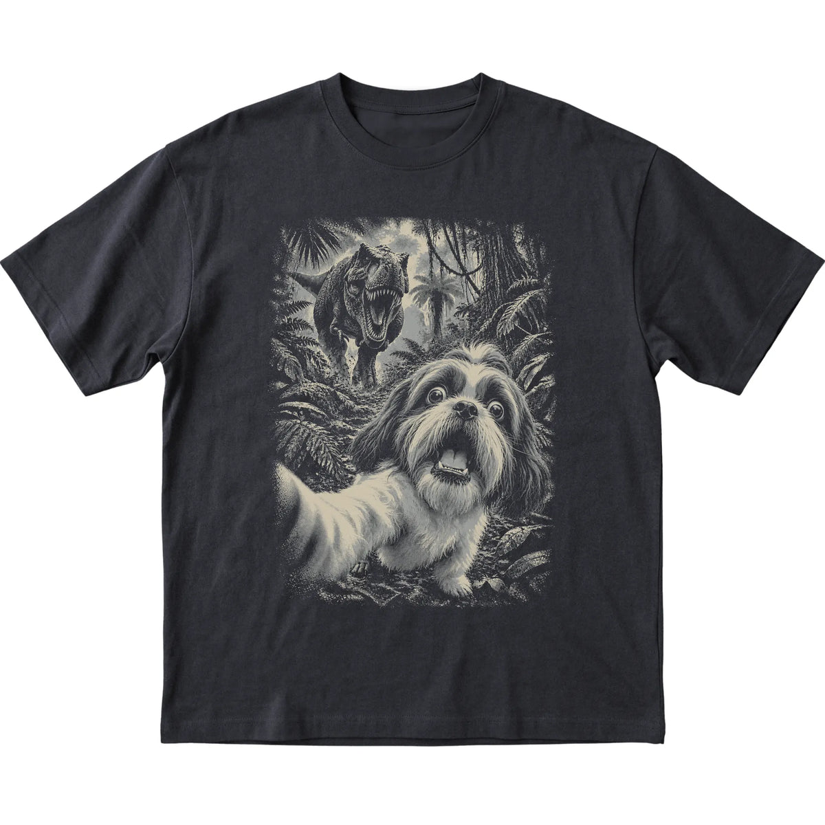 T-Rex Selfie Shih Tzu Gildan Softstyle T-Shirt in Black, flat lay