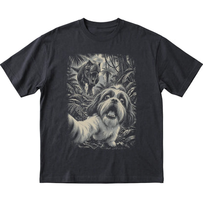 T-Rex Selfie Shih Tzu Gildan Softstyle T-Shirt in Black, flat lay