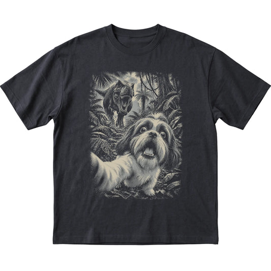 T-Rex Selfie Shih Tzu Gildan Softstyle T-Shirt in Black, flat lay