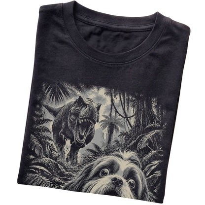 T-Rex Selfie Shih Tzu Gildan Softstyle T-Shirt in Black, folded detail