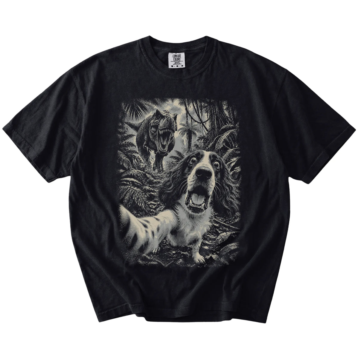 T-Rex Selfie Springer Spaniel Comfort Colors 1717 T-Shirt in Black, flat lay