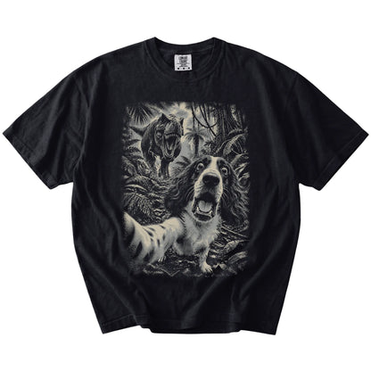 T-Rex Selfie Springer Spaniel Comfort Colors 1717 T-Shirt in Black, flat lay