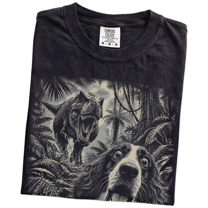 T-Rex Selfie Springer Spaniel Comfort Colors 1717 T-Shirt in Black, folded detail