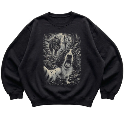 T-Rex Selfie Springer Spaniel Gildan Heavy Blend Crewneck Sweatshirt in Black, flat lay