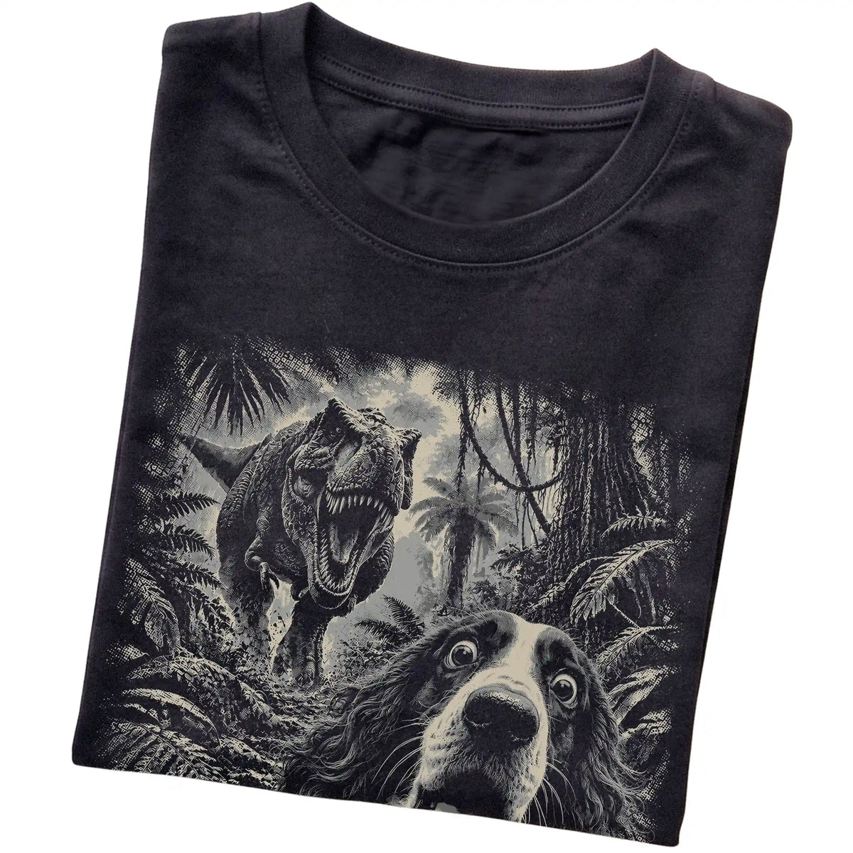 T-Rex Selfie Springer Spaniel Gildan Softstyle T-Shirt in Black, folded detail