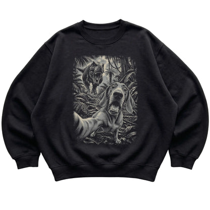 T-Rex Selfie Vizsla Gildan Heavy Blend Crewneck Sweatshirt in Black, flat lay