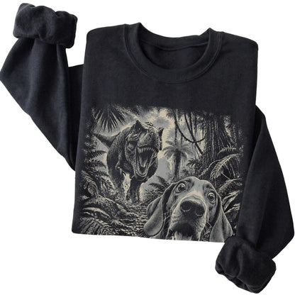 T-Rex Selfie Vizsla Gildan Heavy Blend Crewneck Sweatshirt in Black, folded detail