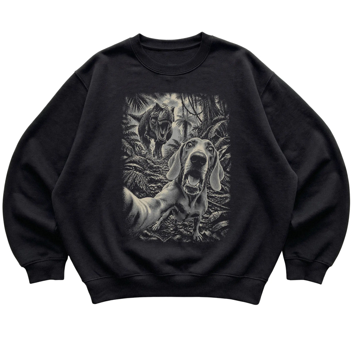 T-Rex Selfie Weimaraner Gildan Heavy Blend Crewneck Sweatshirt in Black, flat lay