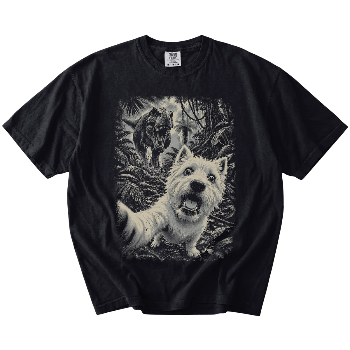 T-Rex Selfie Westie Comfort Colors 1717 T-Shirt in Black, flat lay