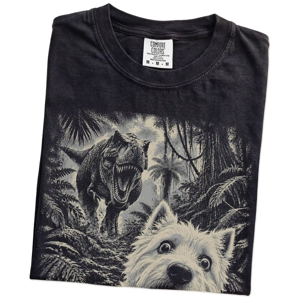 T-Rex Selfie Westie Comfort Colors 1717 T-Shirt in Black, folded detail
