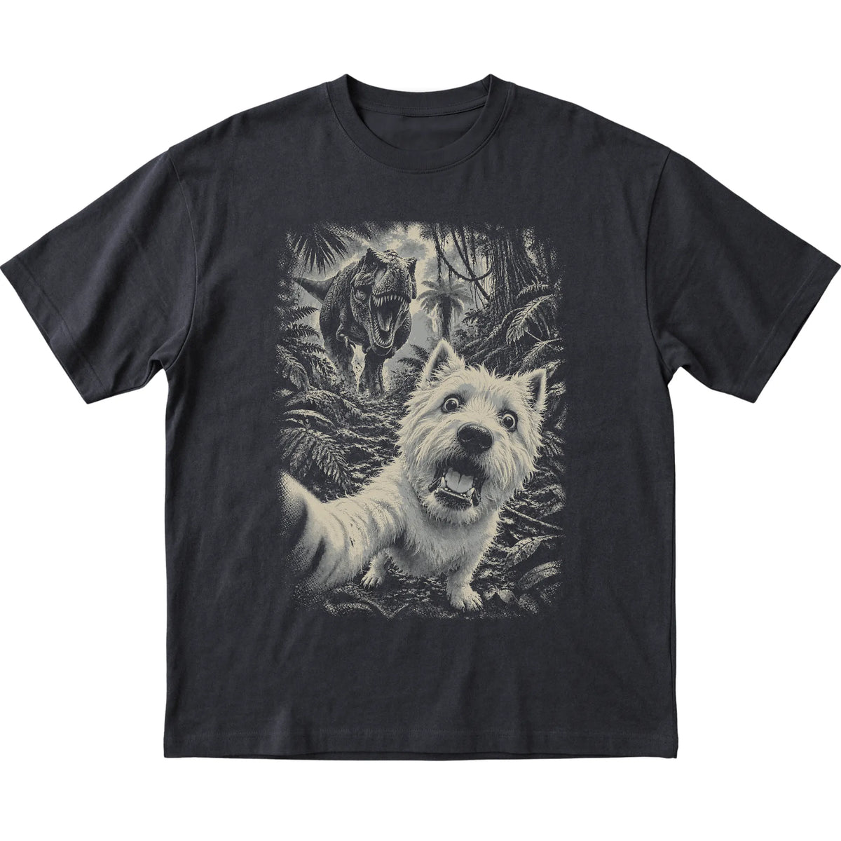T-Rex Selfie Westie Gildan Softstyle T-Shirt in Black, flat lay