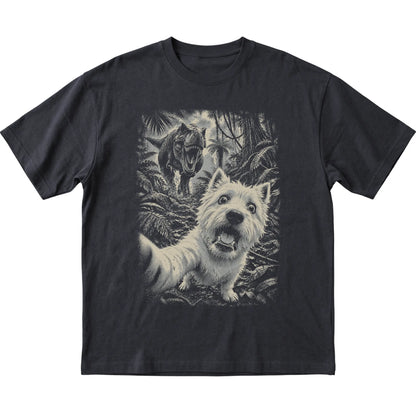 T-Rex Selfie Westie Gildan Softstyle T-Shirt in Black, flat lay