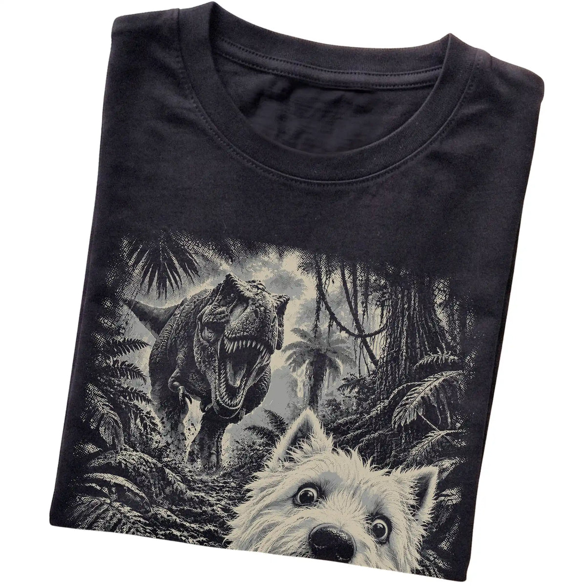 T-Rex Selfie Westie Gildan Softstyle T-Shirt in Black, folded detail