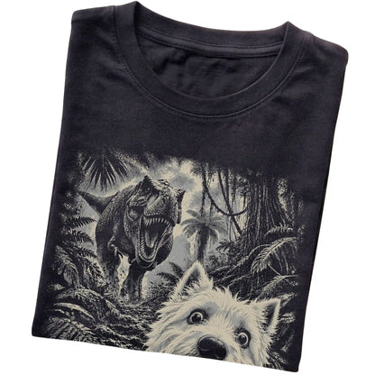 T-Rex Selfie Westie Gildan Softstyle T-Shirt in Black, folded detail