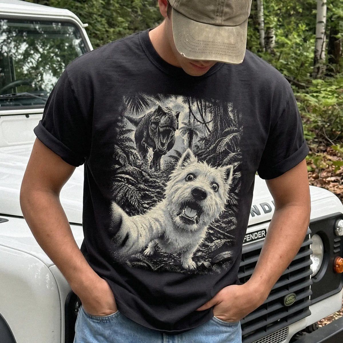T-Rex Selfie Westie Comfort Colors 1717 T-Shirt in Black, studio lifestyle