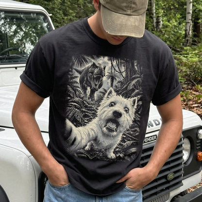 T-Rex Selfie Westie Comfort Colors 1717 T-Shirt in Black, studio lifestyle