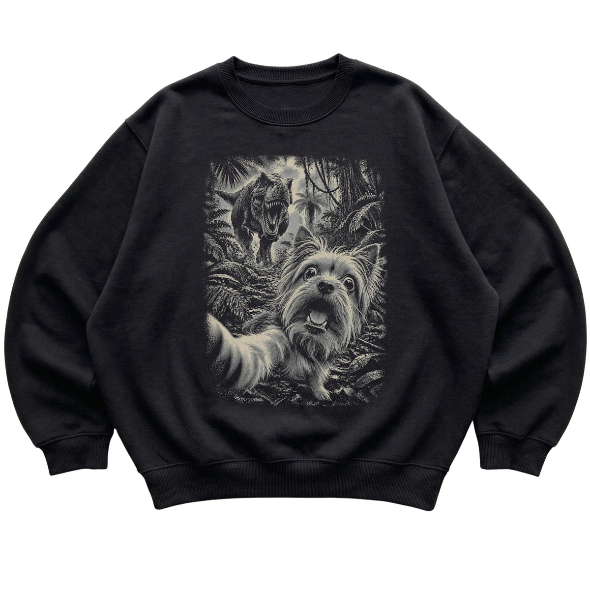 T-Rex Selfie Yorkie Gildan Heavy Blend Crewneck Sweatshirt in Black, flat lay