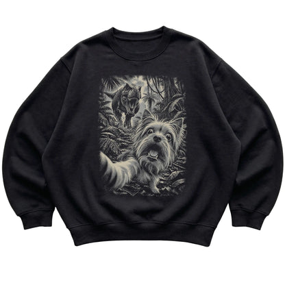 T-Rex Selfie Yorkie Gildan Heavy Blend Crewneck Sweatshirt in Black, flat lay
