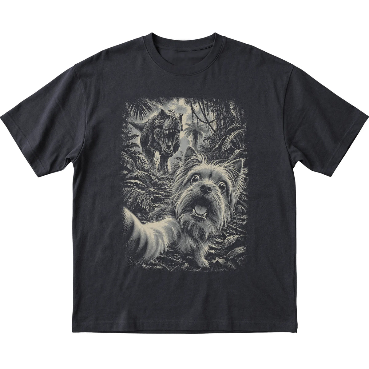 T-Rex Selfie Yorkie Gildan Softstyle T-Shirt in Black, flat lay