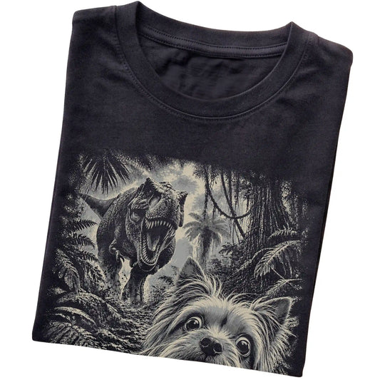 T-Rex Selfie Yorkie Gildan Softstyle T-Shirt in Black, folded detail