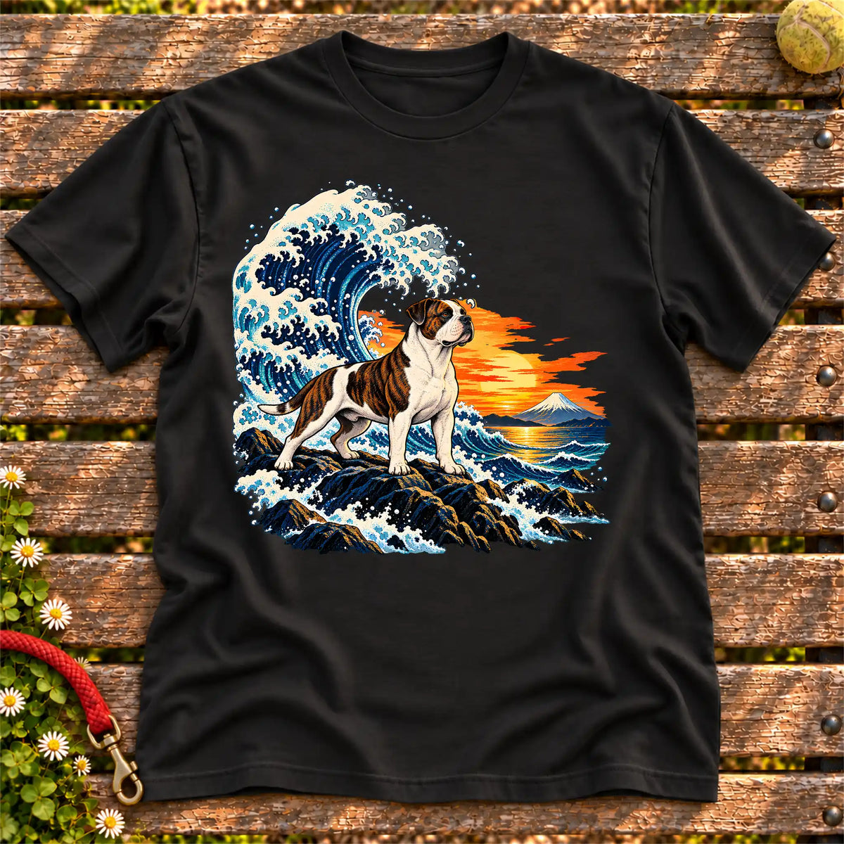 American Bulldog dog with ocean waves, sunset and Mount Fuji on a Black Gildan T-shirt