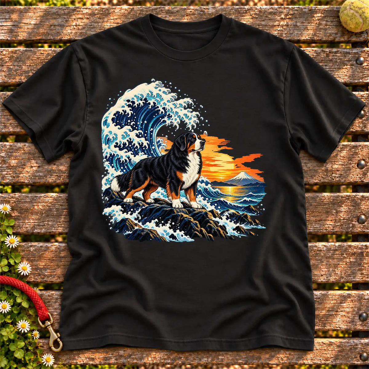 Bernese Mountain Dog dog with ocean waves, sunset and Mount Fuji on a Black Gildan T-shirt