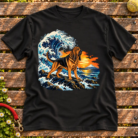 Bloodhound dog with ocean waves, sunset and Mount Fuji on a Black Gildan T-shirt