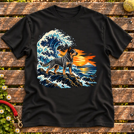 Blue Heeler dog with ocean waves, sunset and Mount Fuji on a Black Gildan T-shirt