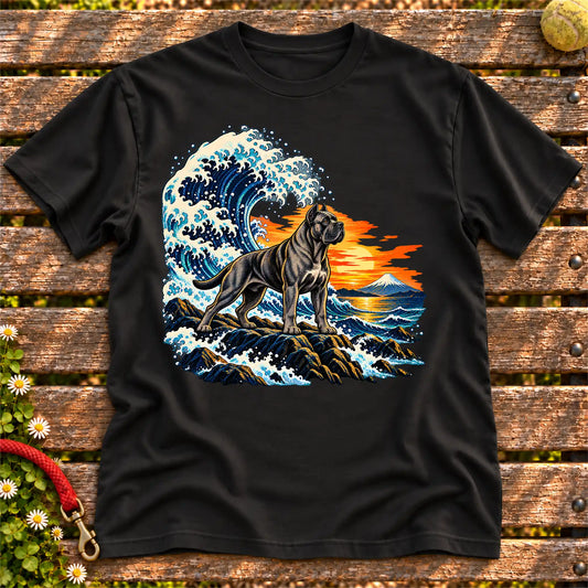 Cane Corso dog with ocean waves, sunset and Mount Fuji on a Black Gildan T-shirt
