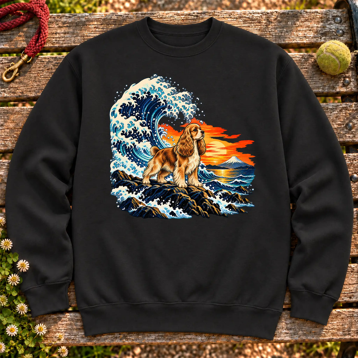 Cocker Spaniel dog with ocean waves, sunset and Mount Fuji on a Black Gildan crewneck sweatshirt