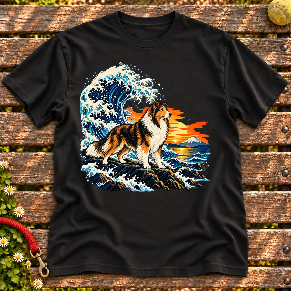 Collie dog with ocean waves, sunset and Mount Fuji on a Black Gildan T-shirt