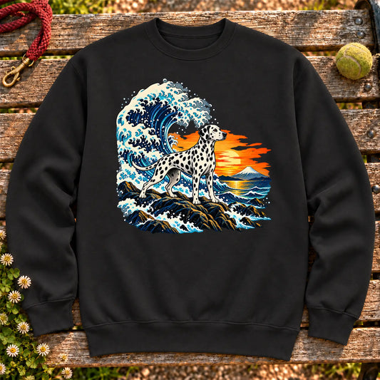 Dalmatian dog with ocean waves, sunset and Mount Fuji on a Black Gildan crewneck sweatshirt