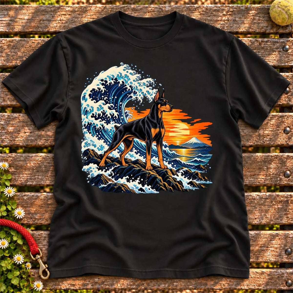 Doberman dog with ocean waves, sunset and Mount Fuji on a Black Gildan T-shirt