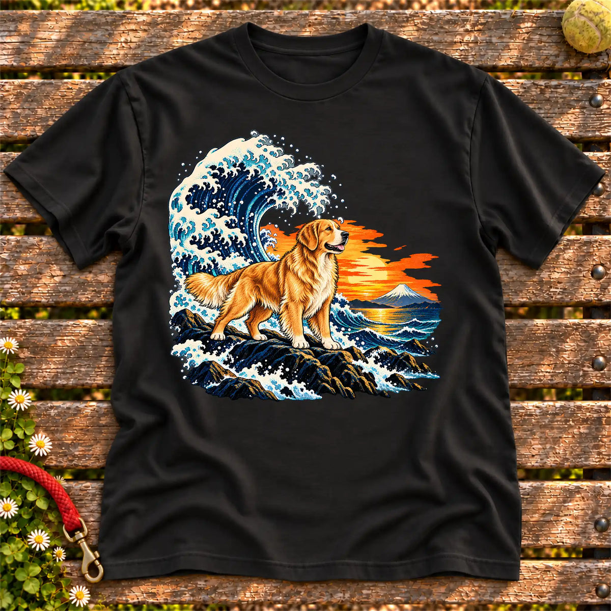 Golden Retriever dog with ocean waves, sunset and Mount Fuji on a Black Gildan T-shirt