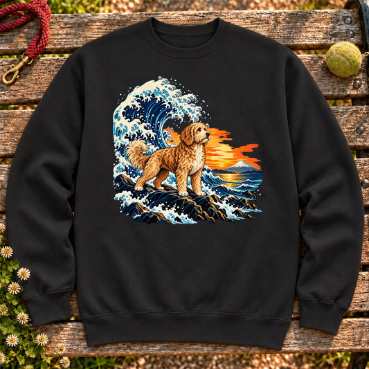 Goldendoodle dog with ocean waves, sunset and Mount Fuji on a Black Gildan crewneck sweatshirt